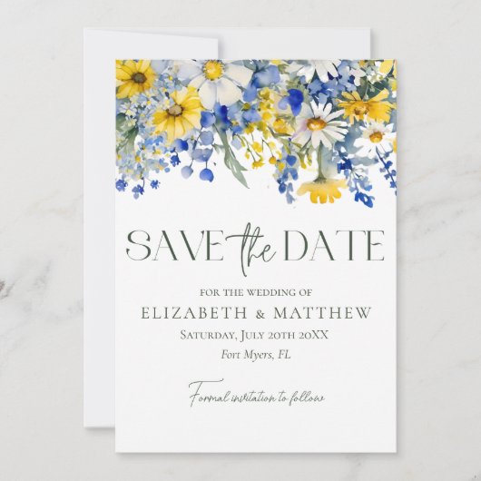 Elegantes Foto Blue Yellow Wildblumen Boho Wedding Save The Date (Vorderseite)