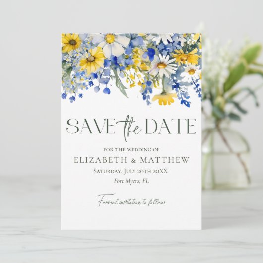 Elegantes Foto Blue Yellow Wildblumen Boho Wedding Save The Date (Stehend Vorderseite)