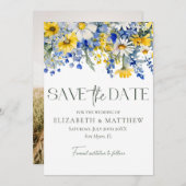 Elegantes Foto Blue Yellow Wildblumen Boho Wedding Save The Date (Vorne/Hinten)
