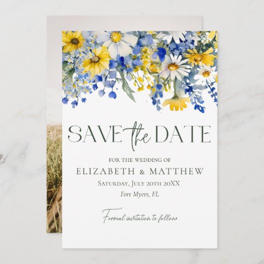 Elegantes Foto Blue Yellow Wildblumen Boho Wedding Save The Date (Vorne/Hinten)