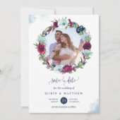 Elegantes Foto Burgundy Berry Blue Wreath Wedding Save The Date (Vorderseite)