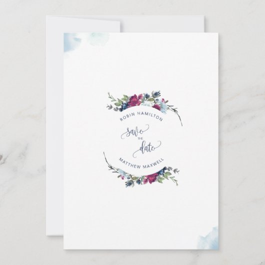 Elegantes Foto Burgundy Berry Blue Wreath Wedding Save The Date (Rückseite)
