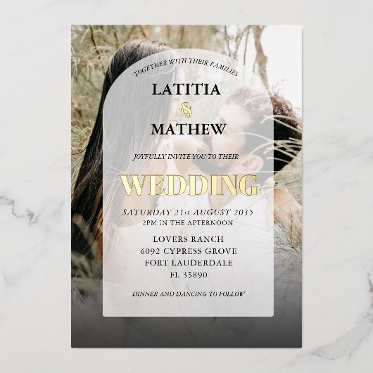 Elegantes Foto Calligraphy Arch Wedding Folieneinladung (Vorderseite)