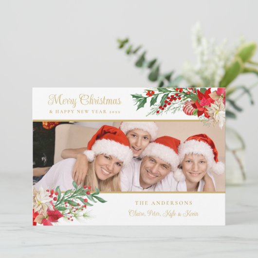 Elegantes Foto Classic Merry Christmas Poinsettias (Stehend Vorderseite)