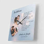 Elegantes Foto Collage Hochzeitsuhr mit Text Quadratische Wanduhr (Winkel)