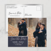 Elegantes Foto Collage Navy Silver Save the Date Ankündigungspostkarte (Vorne/Hinten)