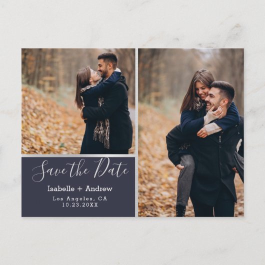 Elegantes Foto Collage Navy Silver Save the Date Ankündigungspostkarte (Vorderseite)
