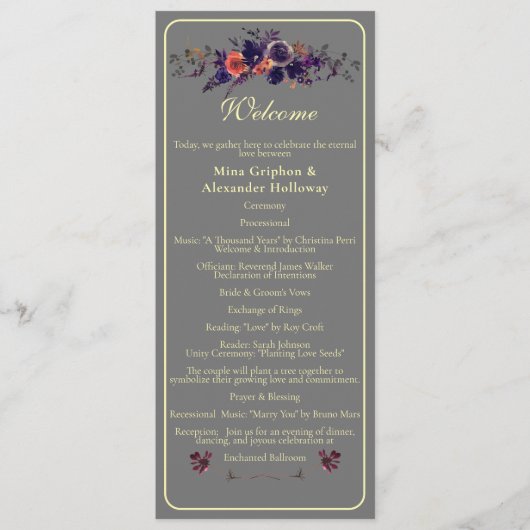 Elegantes Foto Dunkler Herbst Blumenhochzeit Programm (Vorderseite)