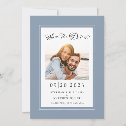 Elegantes Foto Dusty Blue Save the Date Verlobung (Vorderseite)