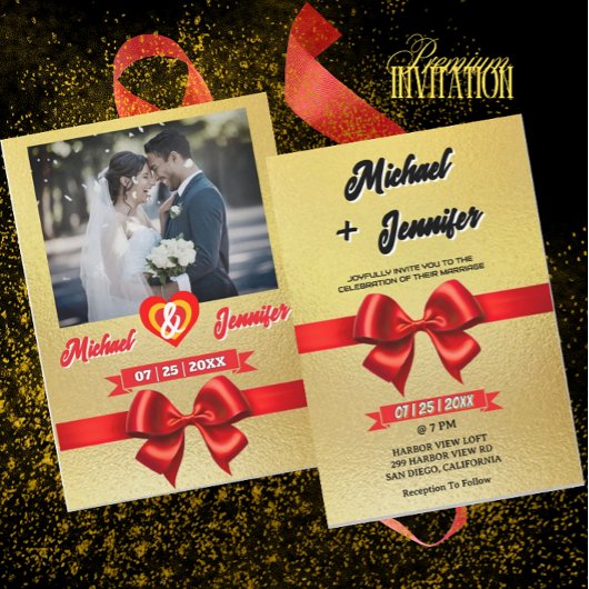 Elegantes Foto für Hochzeiten mit Gold & Red Ribbo Einladung
