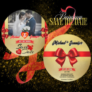 Elegantes Foto für Hochzeiten mit Gold & Red Ribbo Save The Date