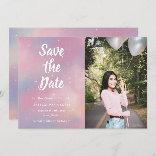 Elegantes Foto Galaxy Quinceanera Save the Date (Vorne/Hinten)