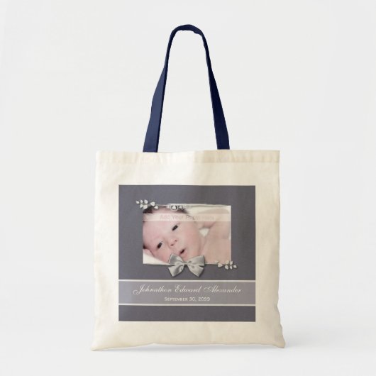 Elegantes Foto Geburtsankündigung Silver Ribbon Tragetasche (Vorne)