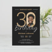 Elegantes Foto Gold Black Überraschung 30. Geburts Einladung (Stehend Vorderseite)