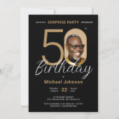 Elegantes Foto Gold Black Überraschung 50. Geburts Einladung (Vorderseite)