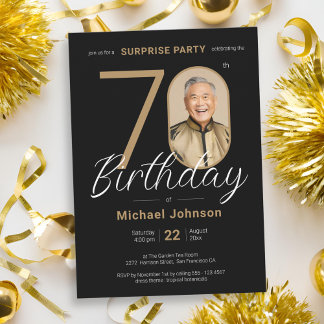 Elegantes Foto Gold Black Überraschung 70. Geburts Einladung
