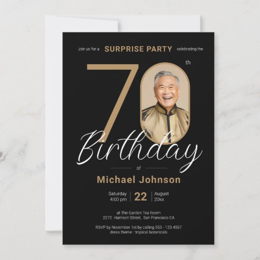 Elegantes Foto Gold Black Überraschung 70. Geburts Einladung (Vorderseite)
