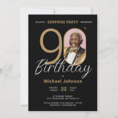 Elegantes Foto Gold Black Überraschung 90. Geburts Einladung (Vorderseite)