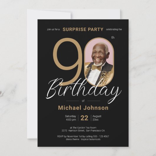 Elegantes Foto Gold Black Überraschung 90. Geburts Einladung (Vorderseite)