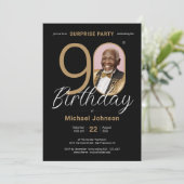 Elegantes Foto Gold Black Überraschung 90. Geburts Einladung (Stehend Vorderseite)