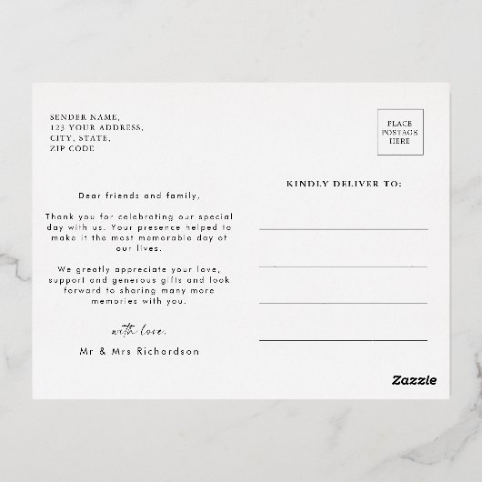 Elegantes Foto Gold Foil Wedding Danke Postcard Folie Einladungspostkarte (Rückseite)