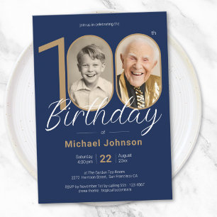 Elegantes Foto Gold Navy Blue 100. Geburtstag Einladung
