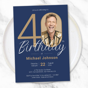 Elegantes Foto Gold Navy Blue 40. Geburtstag Einladung