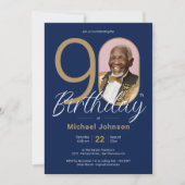 Elegantes Foto Gold Navy Blue 90. Geburtstag Einladung (Vorderseite)