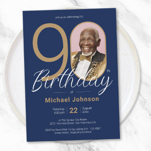 Elegantes Foto Gold Navy Blue 90. Geburtstag Einladung