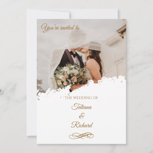 Elegantes Foto & Gold Script Einladung zur Hochzei (Vorderseite)