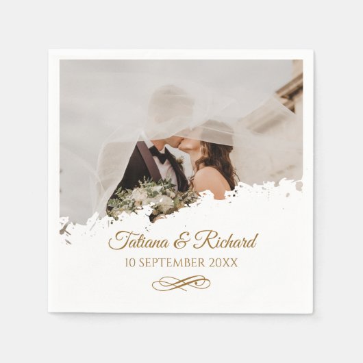 Elegantes Foto Gold Script Hochzeit Napkins Serviette (Vorderseite)