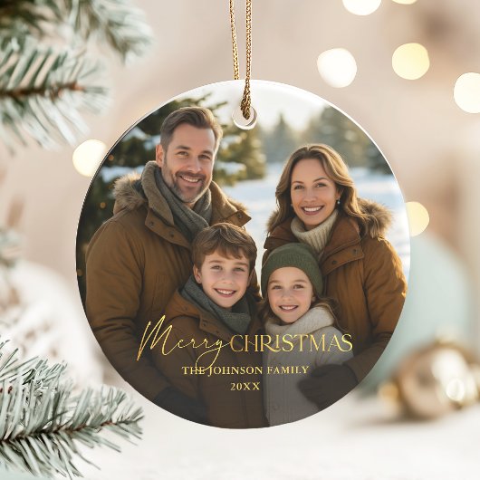 Elegantes Foto Gold Typografie Weihnachten Keramik Ornament