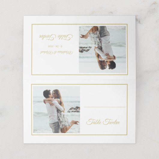 Elegantes Foto Gold Wedding Tischnummer Platzkarte (Außenseite Aufgefaltet)
