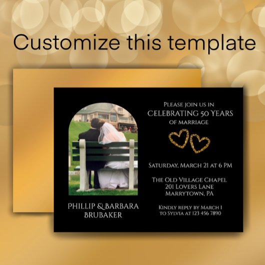 Elegantes Foto Golden 50. Hochzeitstag Einladungspostkarte