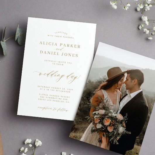 Elegantes Foto Goldkalligraphie-Hochzeit Einladung