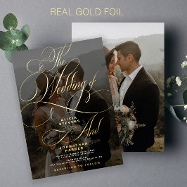 Elegantes Foto Goldkalligraphie-Hochzeit Folieneinladung