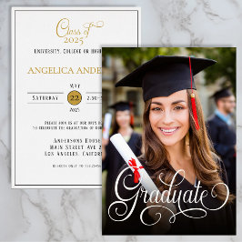 Elegantes Foto Graduate White Script Einladung