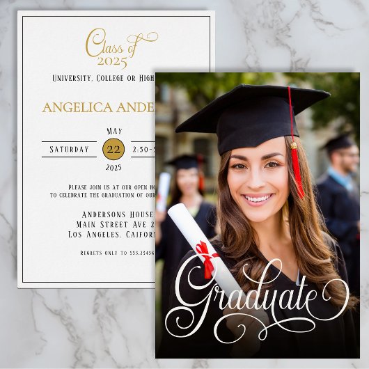 Elegantes Foto Graduate White Script Einladung