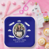 Elegantes Foto Graduation Cap Diploma in Navy Blue Pappteller (Party)