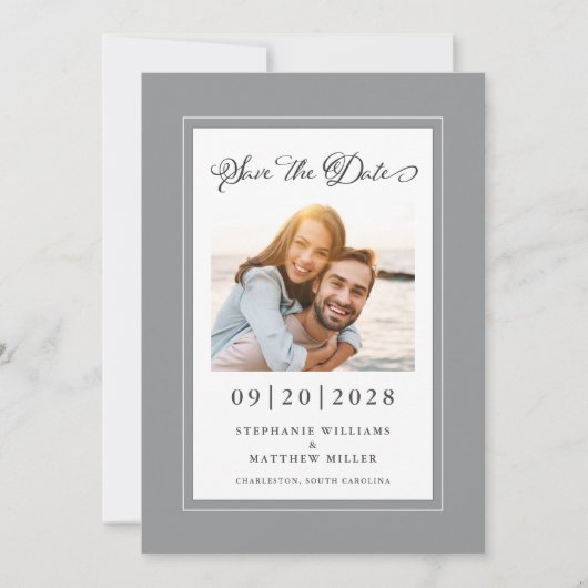 Elegantes Foto Grau Weiße Save the Date Verlobung (Vorderseite)