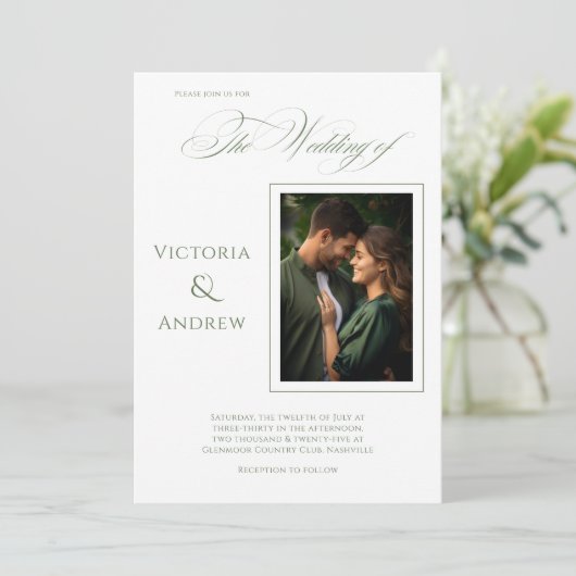 Elegantes Foto Grüne Moderne Hochzeitseinladung Einladung (Stehend Vorderseite)