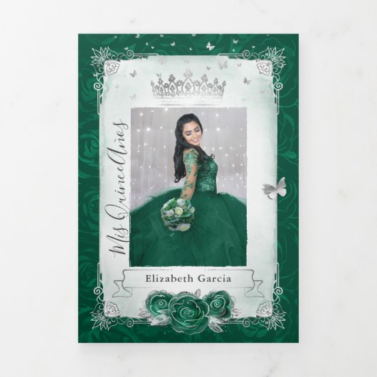 Elegantes Foto Grüne Rose Silver Quinceanera Dreifach Gefaltete Einladung (Cover)