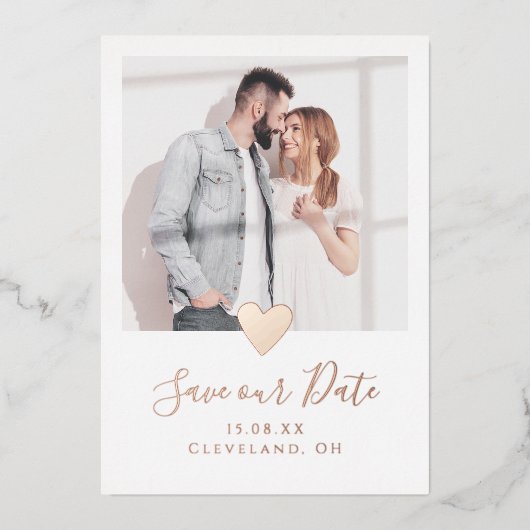 Elegantes Foto Herz Save the Date Real Rose Gold Folieneinladung (Vorderseite)