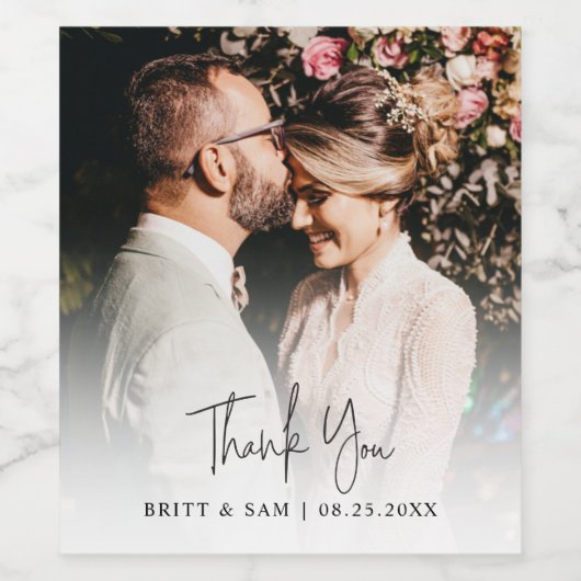 Elegantes Foto Hochzeit Danke, Script Wine Weinetikett (Einzelnes Label)