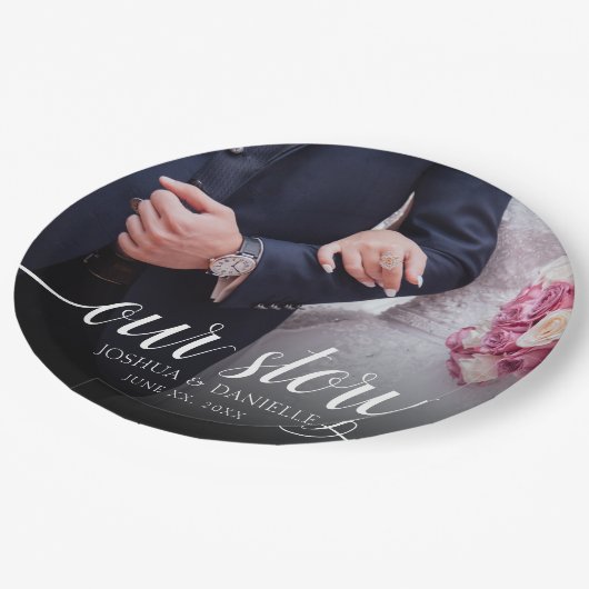 Elegantes Foto Hochzeit handgeschrieben Pappteller (Schrägansicht)