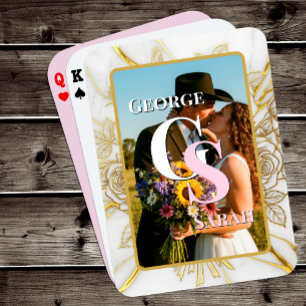 Elegantes Foto Hochzeit, Marmor, Gold, Initialen Spielkarten
