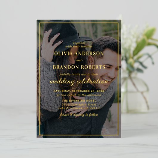 Elegantes Foto Hochzeit Real Gold Einladung (Stehend vorne)