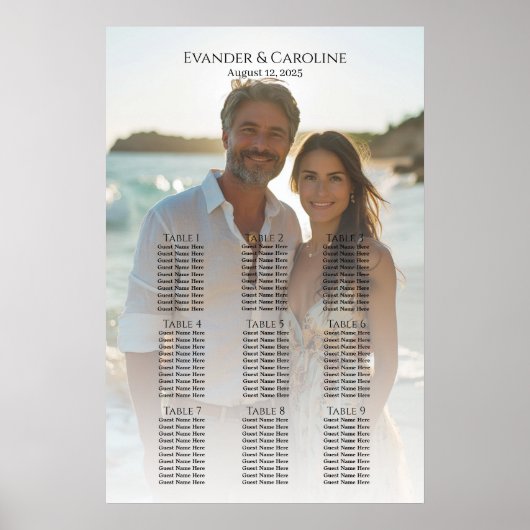 Elegantes Foto Hochzeitskarte 9 Tische Poster (Vorne)