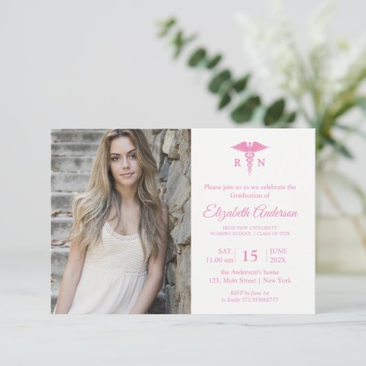 Elegantes Foto Krankenpflege Schule Abschluss Rosa Einladung (Stehend Vorderseite)