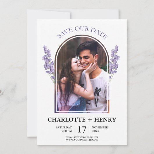 Elegantes Foto Lavender Save the Date Einladung (Vorderseite)